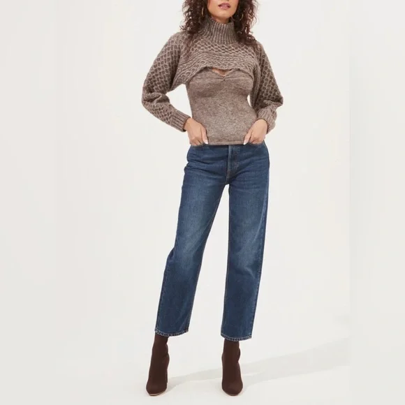 Anthropologie ASTR The Label Cable Knit Sweater Shrug Set-Brown-Size Medium - Picture 3 of 16